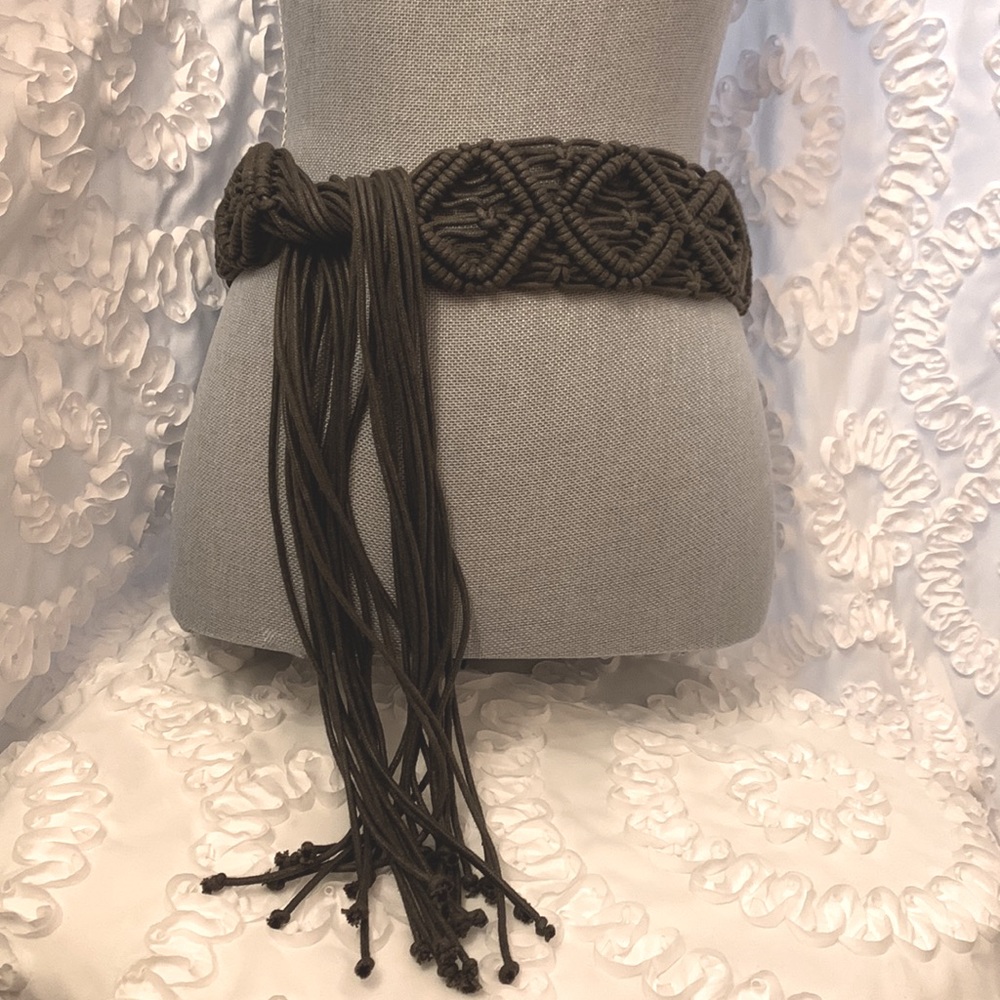 Macramé Gray Vintage Woven Patterned Wide Tie Boho Chic Belt 30”